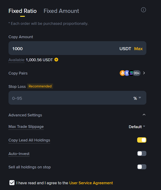 Example Binance Spot Copy Trading settings for Azimuth BTC Strategy